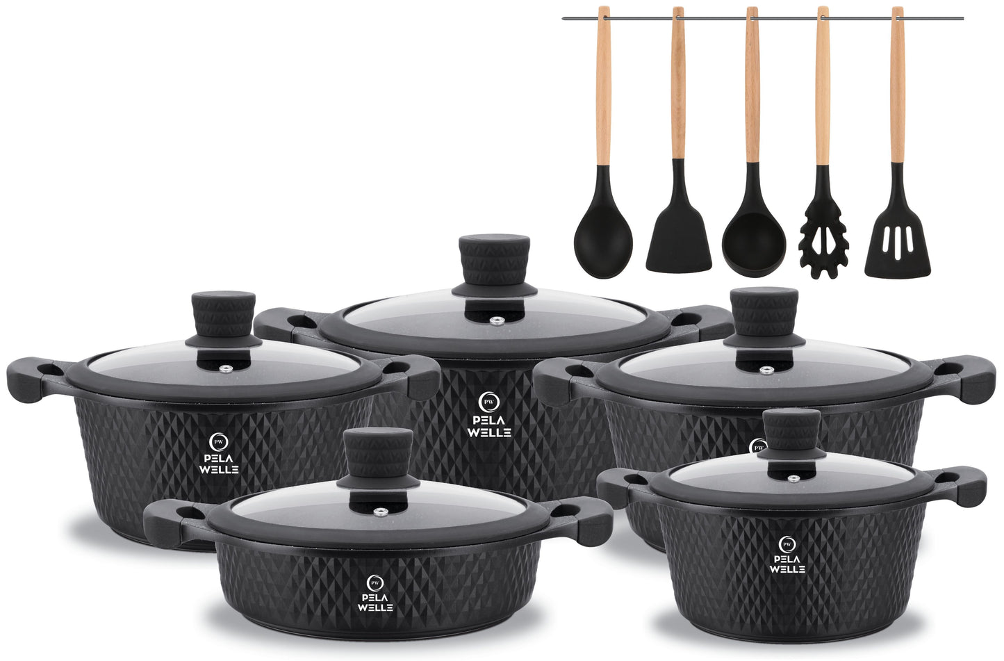 Pela Welle® Topfset Induktion [15-teilig Keramik] inkl. Küchenhelfer, schwarz