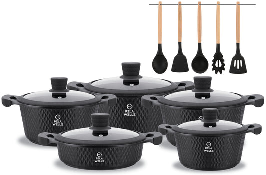 Pela Welle® Topfset Induktion [15-teilig Keramik] inkl. Küchenhelfer, schwarz