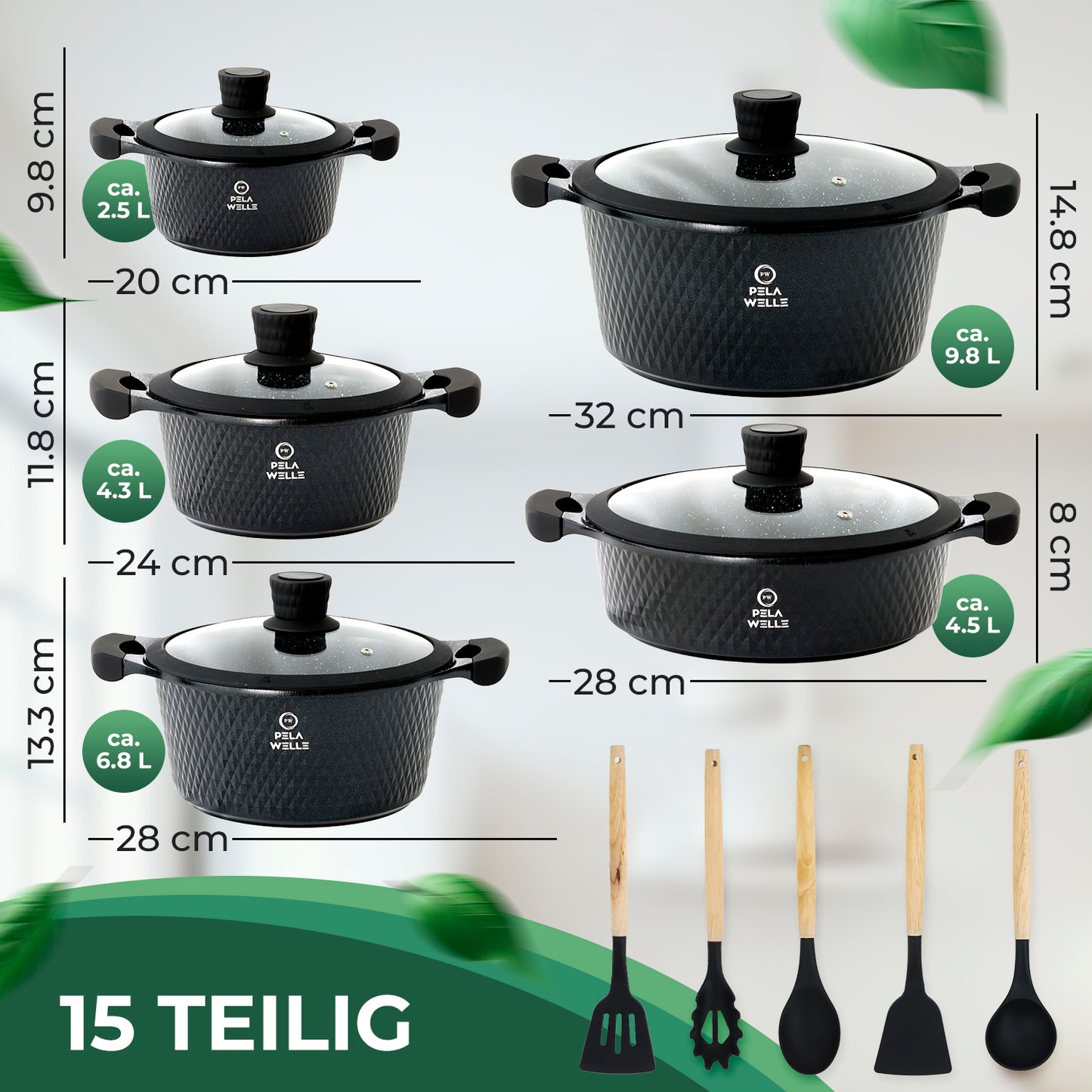 Pela Welle® Topfset Induktion [15-teilig Keramik] inkl. Küchenhelfer, schwarz